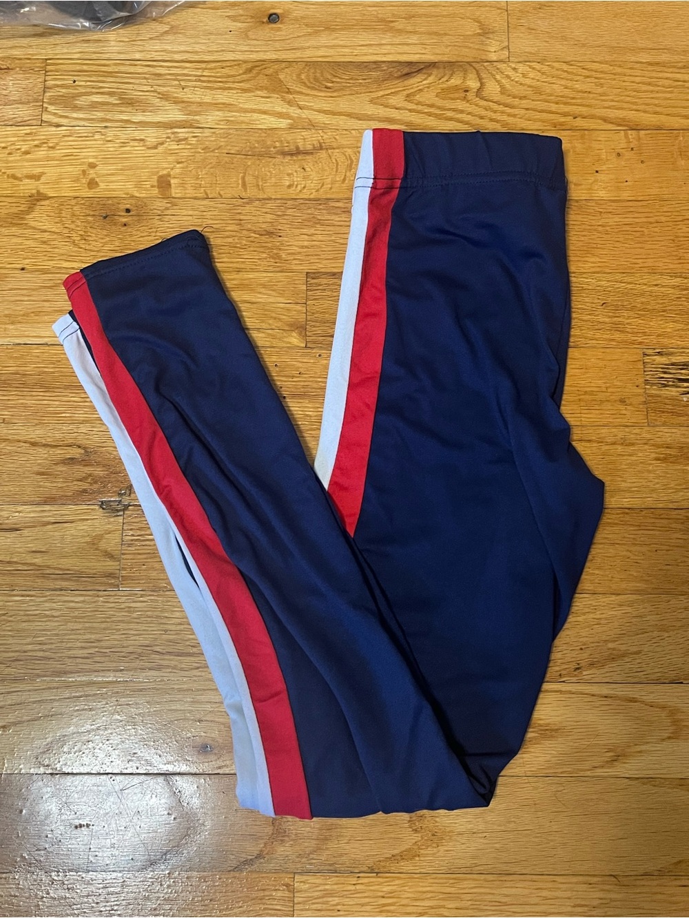 Revamped Navy Leggings with Red and White Side Stripes